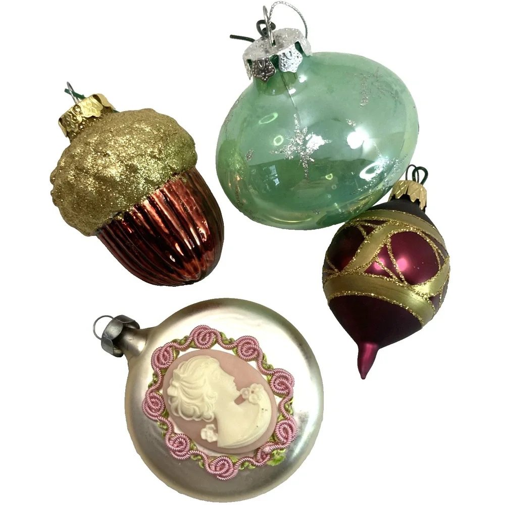 Random Lot Of 4‎ Vtg Blown Glass Christmas Ornament Acorn Cameo 3